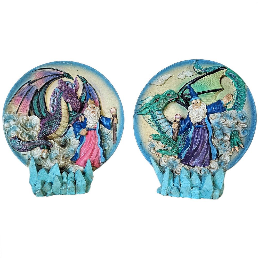 Vintage 80s Wizard Dragon Figurine Decor Set Fantasy Mystical Whimsical Crystal